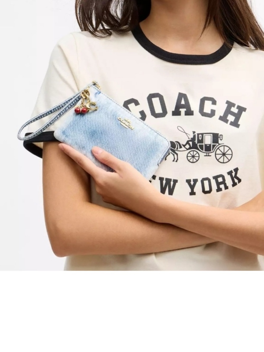 Coach Loved Denim Wash Wristlet Bag with Coach Cherry 🍒 Charm C Gold Charm! NEW - Picture 2 of 6